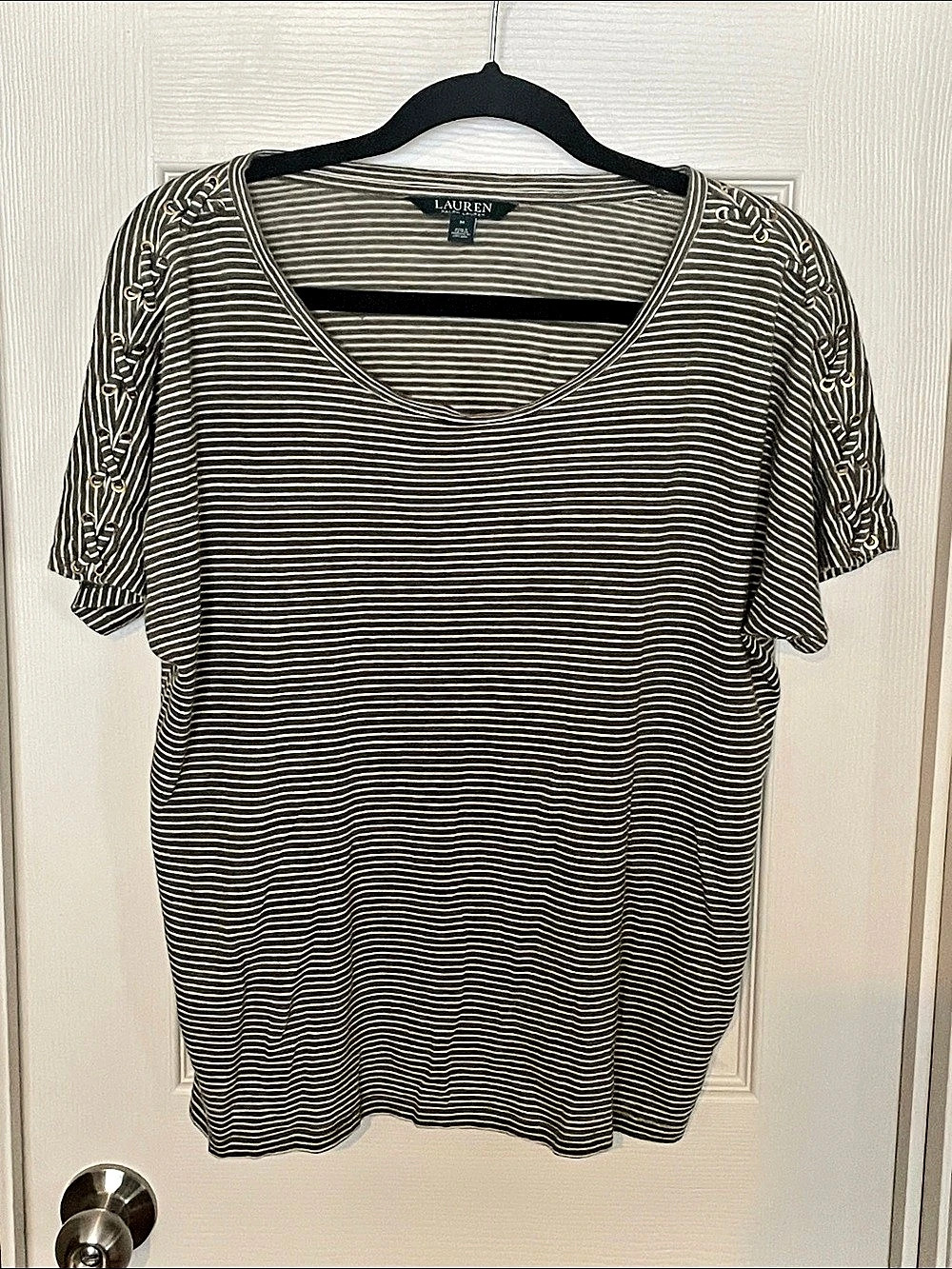 Lauren Ralph Lauren Striped Linen Cotton Tee in Gray & White Size Medium